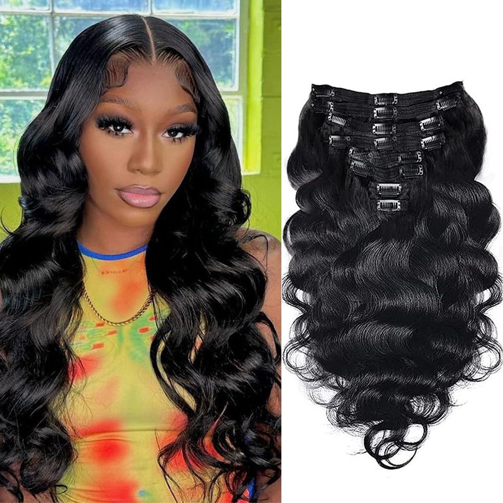 Body Wave Clip Ins Hair Extensions 100% Human Hair Natural Black Color