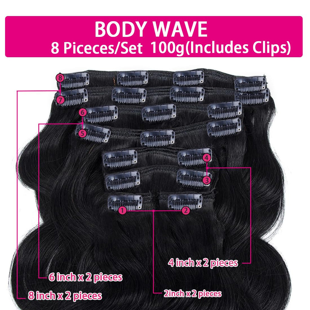 Body Wave Clip Ins Hair Extensions 100% Human Hair Natural Black Color