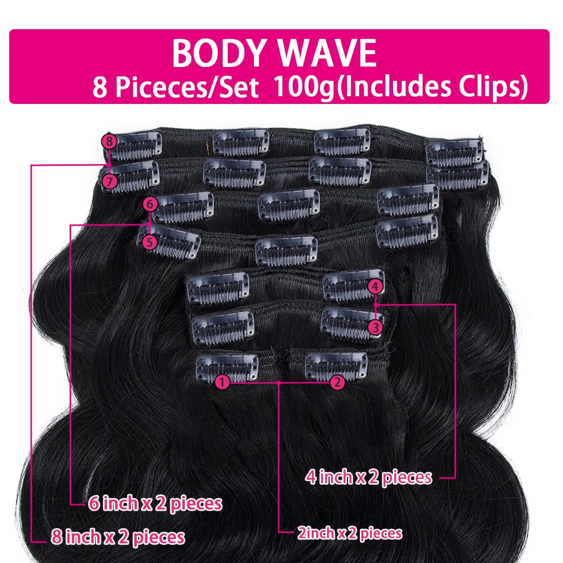 Body Wave Clip Ins Hair Extensions 100% Human Hair Natural Black Color