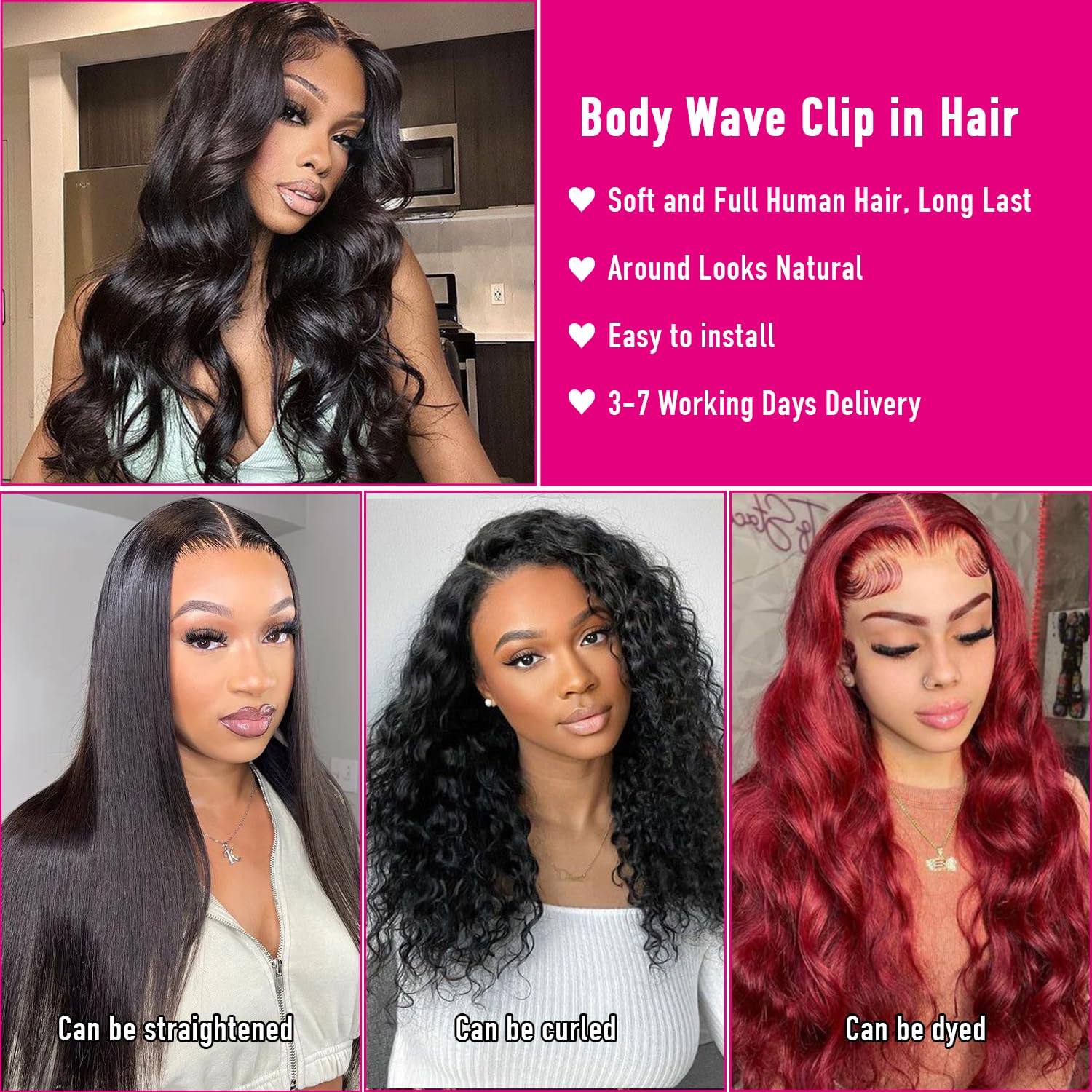 Body Wave Clip Ins Hair Extensions 100% Human Hair Natural Black Color
