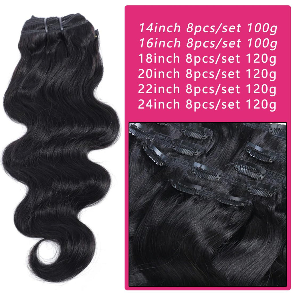 Body Wave Clip Ins Hair Extensions 100% Human Hair Natural Black Color
