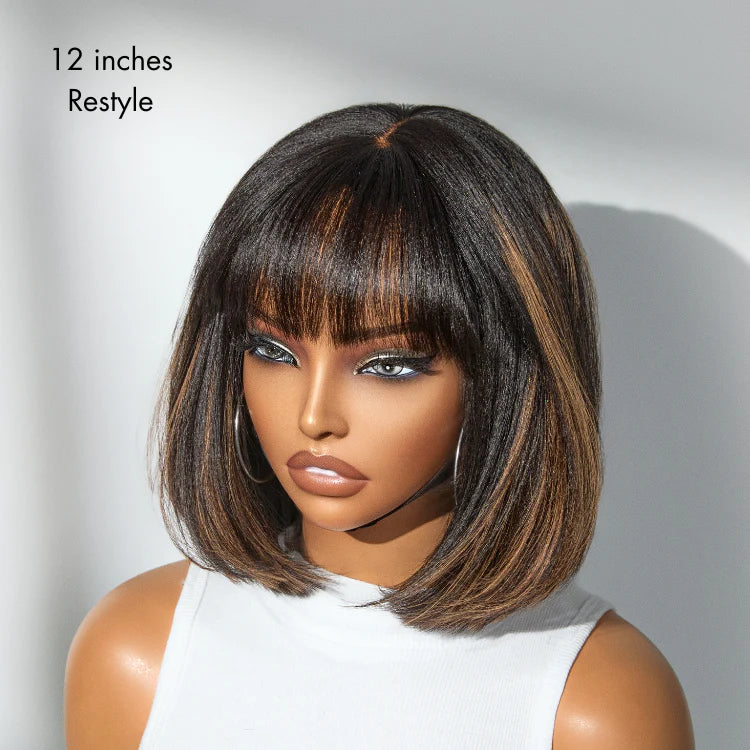 Put On and Go Realistic Glueless Yaki Straight Bob with Bangs Minimalist Lace Wig 100% Human Hair