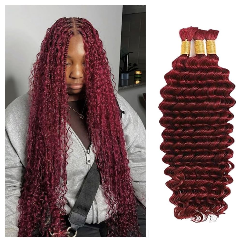 100% Human Boho Braiding Hair Deep Wave Bulk Boho Hair Burgundy