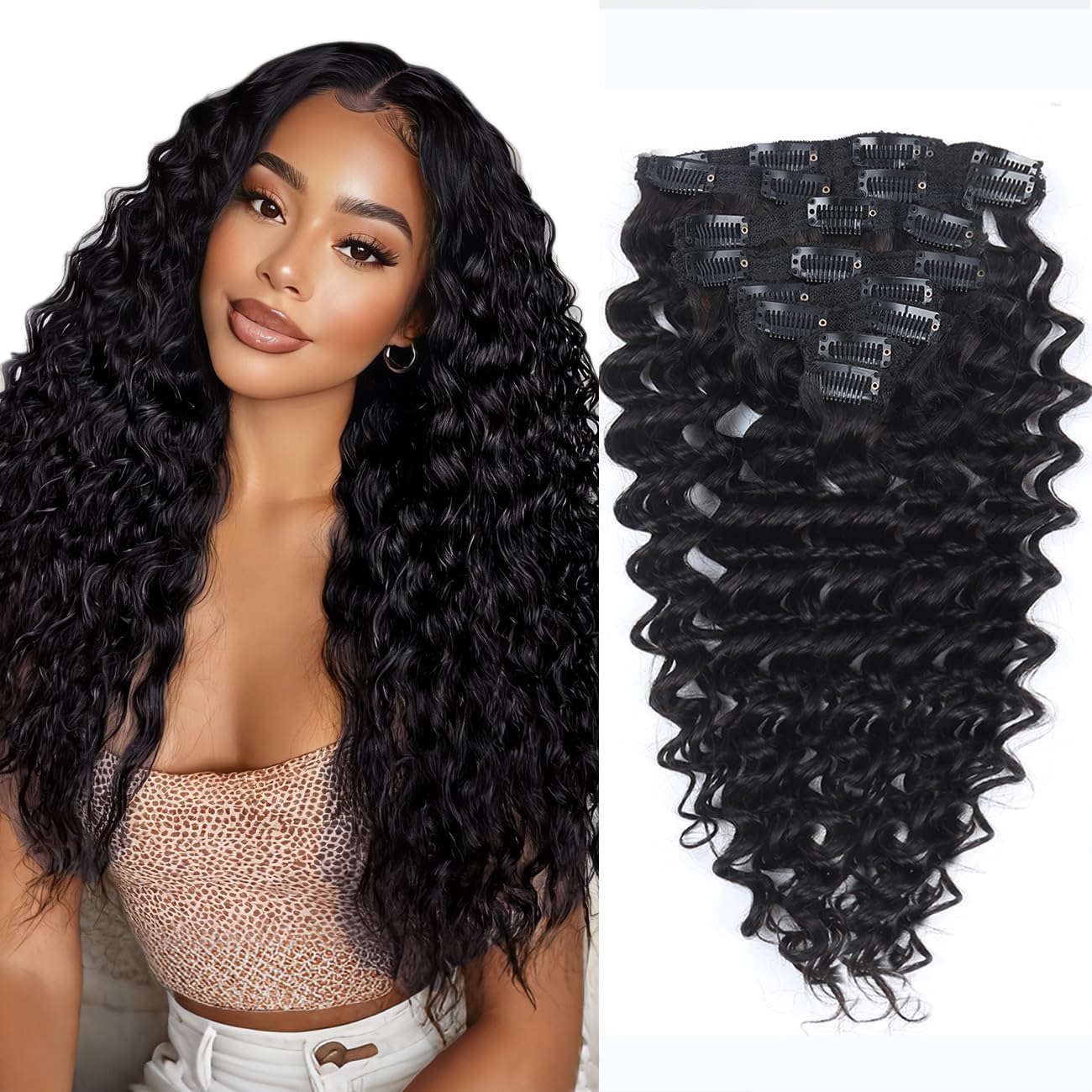 Clip Ins Hair Extensions Deep Wave 100% Human Hair Natural Black Color