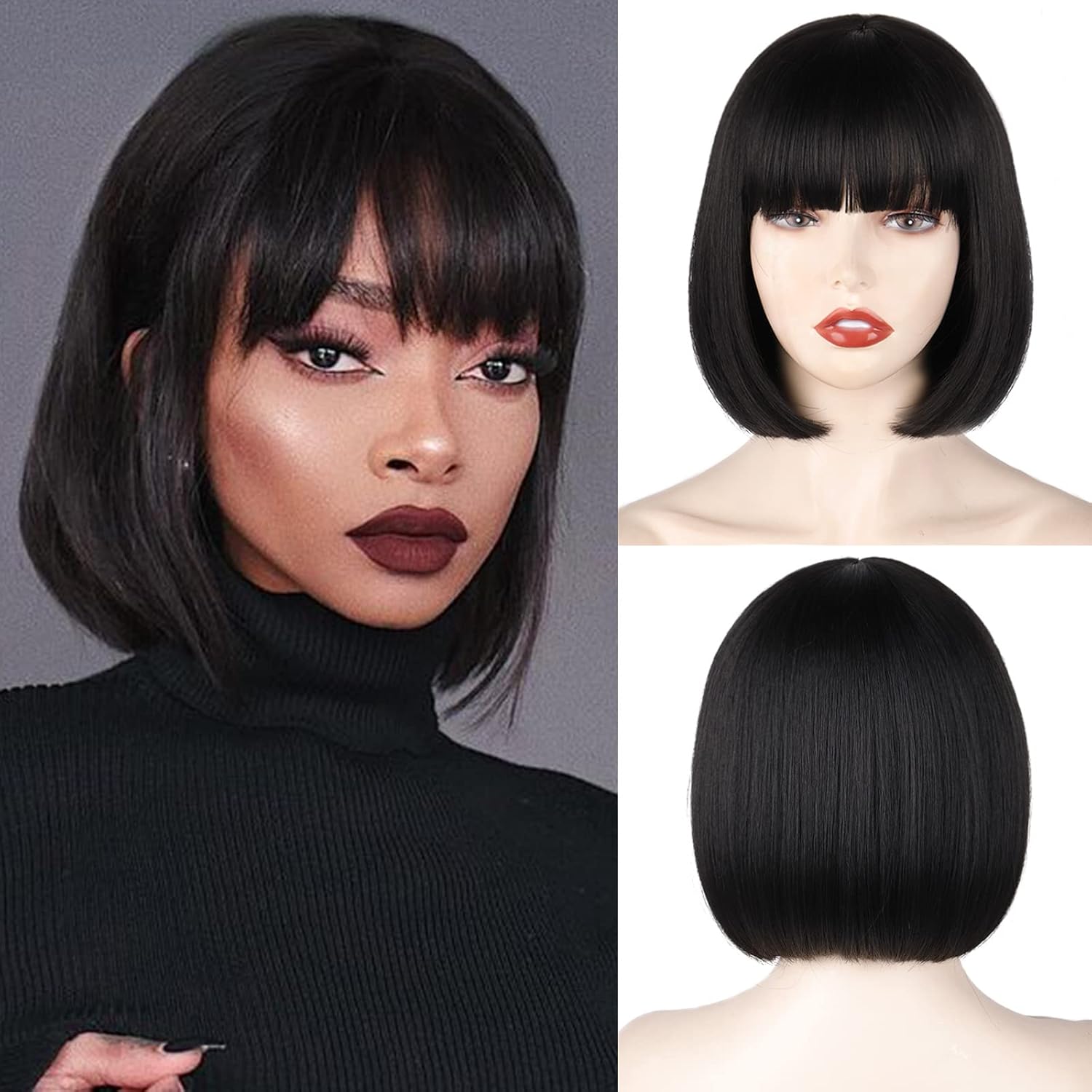Straight Black Bob Wig with bangs 10 inch Straight Bob Bangs Wig for Women Natural Looking for Daily Use