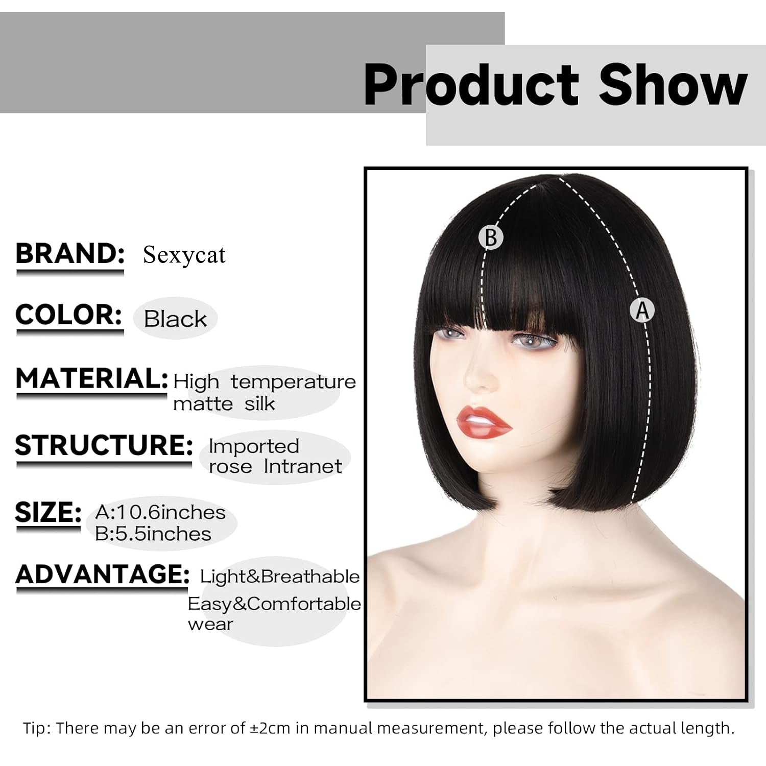 Straight Black Bob Wig with bangs 10 inch Straight Bob Bangs Wig for Women Natural Looking for Daily Use
