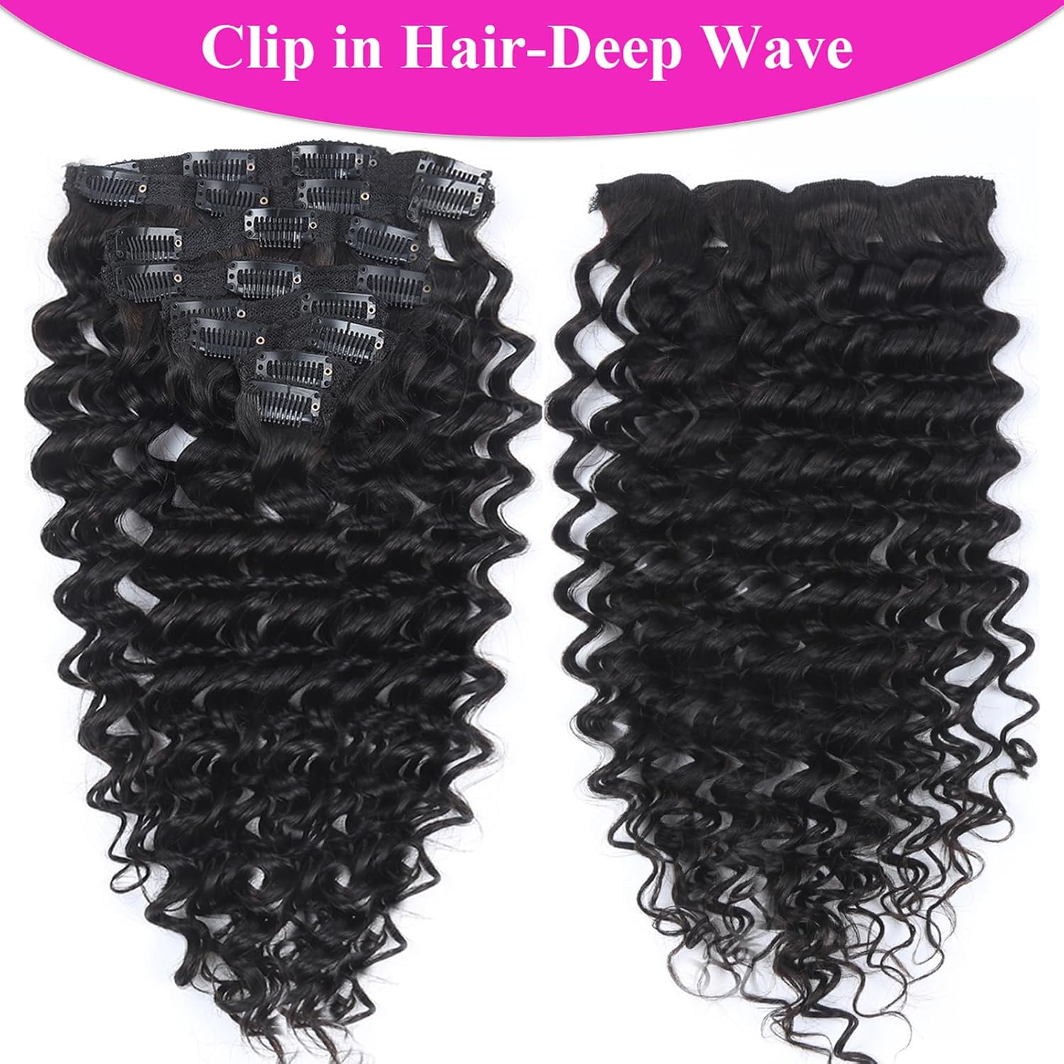 Clip Ins Hair Extensions Deep Wave 100% Human Hair Natural Black Color