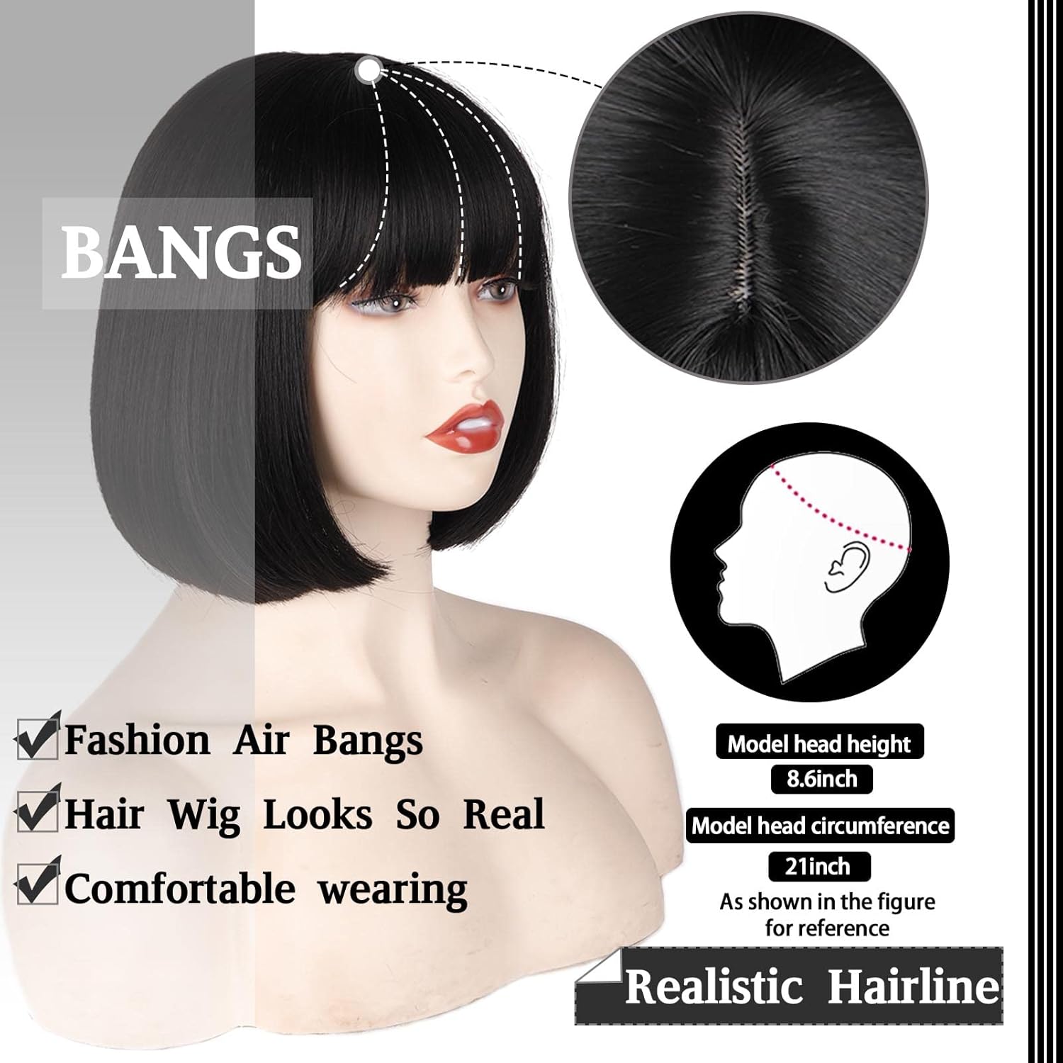 Straight Black Bob Wig with bangs 10 inch Straight Bob Bangs Wig for Women Natural Looking for Daily Use