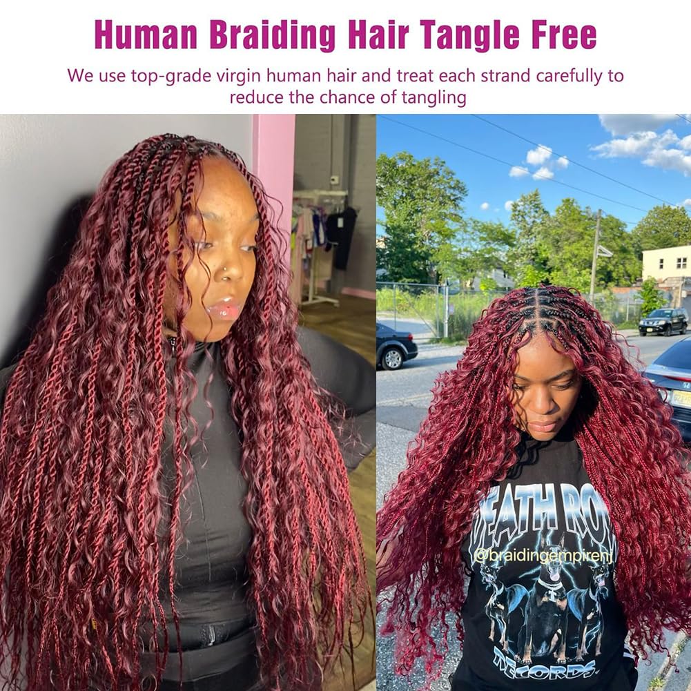 100% Human Boho Braiding Hair Deep Wave Bulk Boho Hair Burgundy