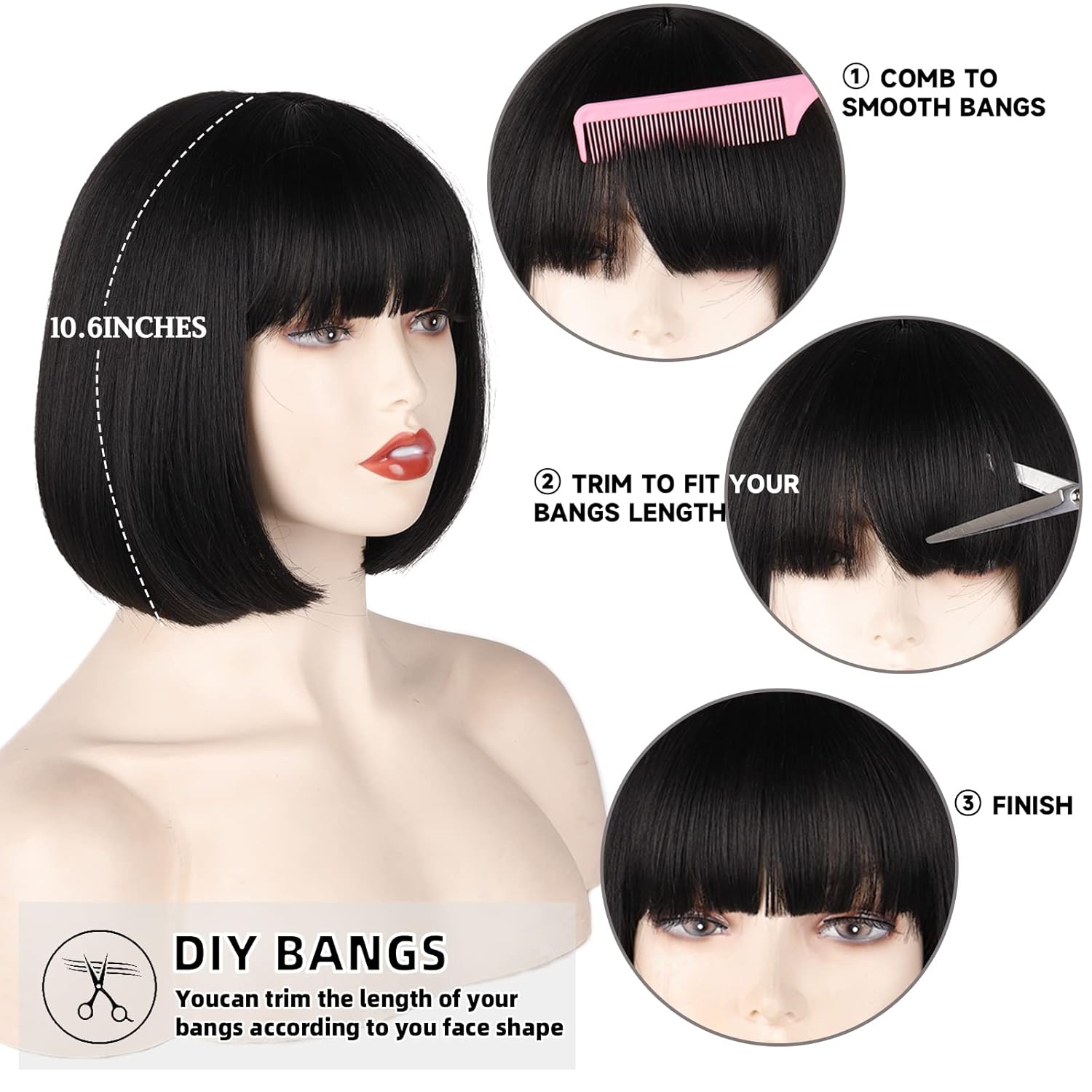 Straight Black Bob Wig with bangs 10 inch Straight Bob Bangs Wig for Women Natural Looking for Daily Use