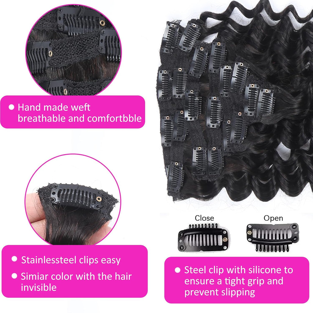 Clip Ins Hair Extensions Deep Wave 100% Human Hair Natural Black Color