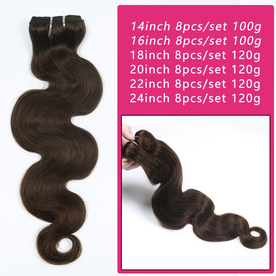 Body Wave Clip Ins Hair Extensions 100% Human Hair Dark Brown