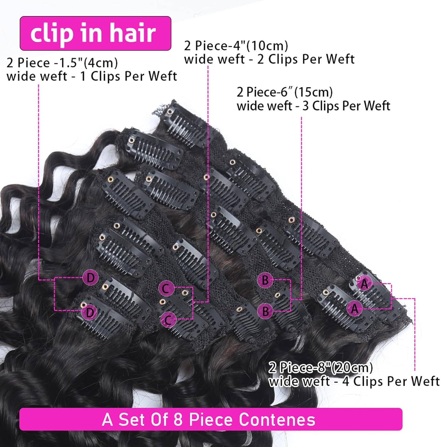 Clip Ins Hair Extensions Deep Wave 100% Human Hair Natural Black Color