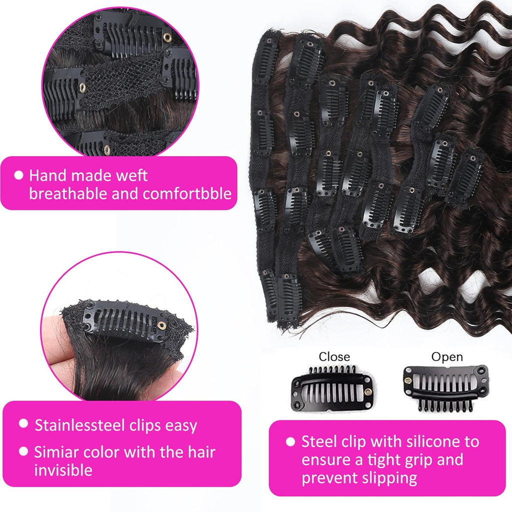 Deep Wave Clip Ins Hair Extensions 8pcs/set 100% Human Hair Dark Brown