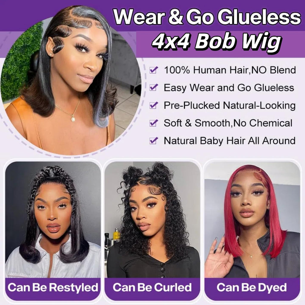 Wear and Go Glueless Bob Wig Human Hair Pre Plucked Pre Cut 4x4 HD Transparent Lace Front Wigs