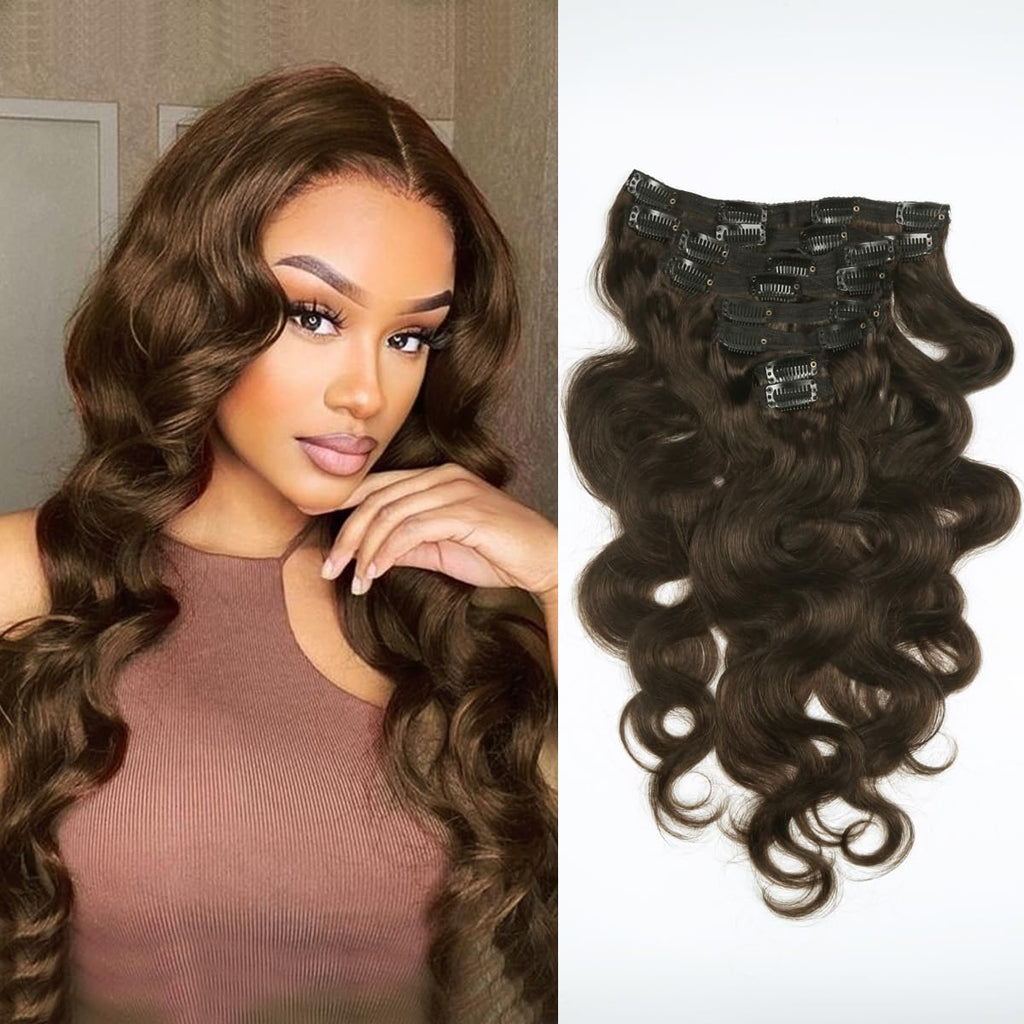 Body Wave Clip Ins Hair Extensions 100% Human Hair Dark Brown