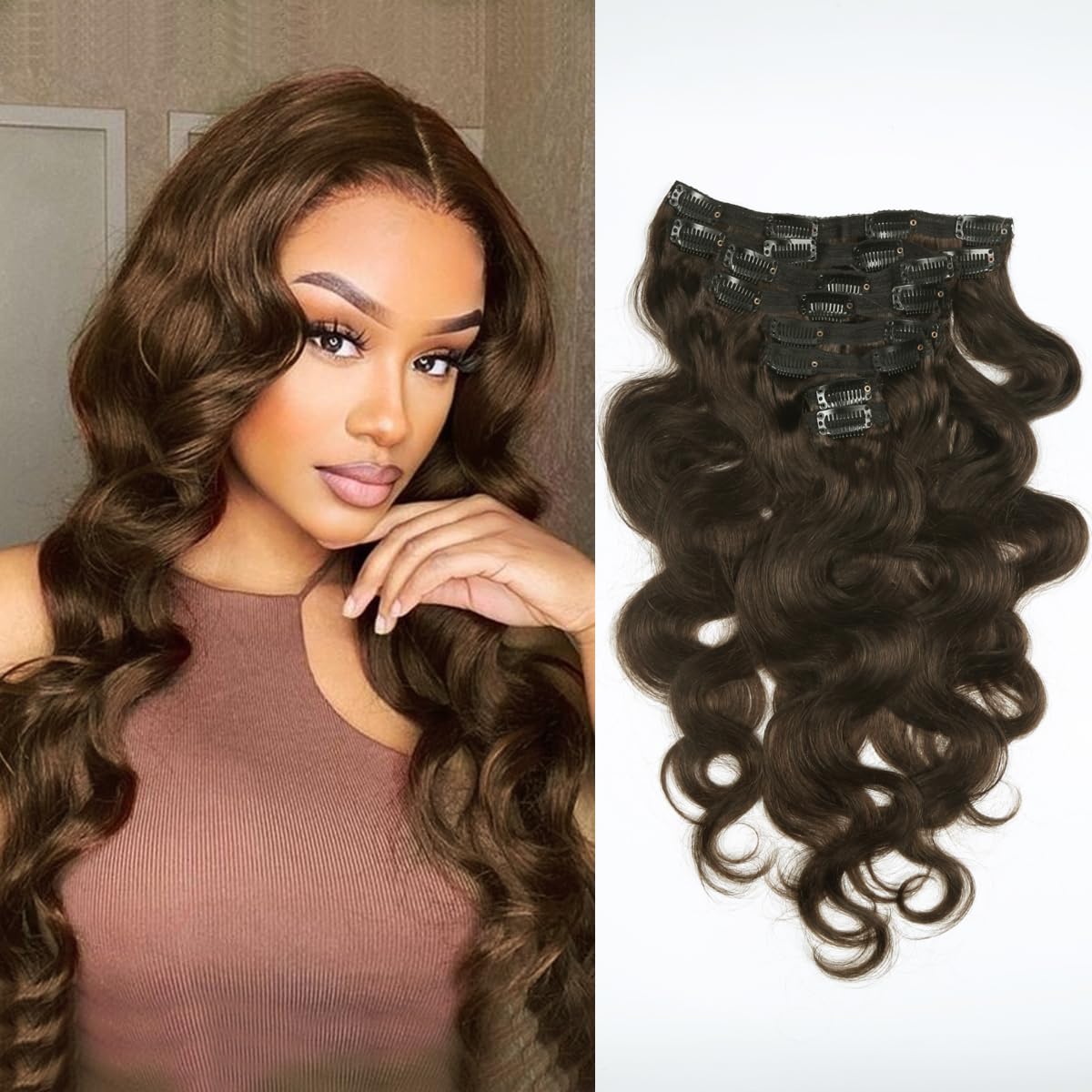 Body Wave Clip Ins Hair Extensions 100% Human Hair Dark Brown