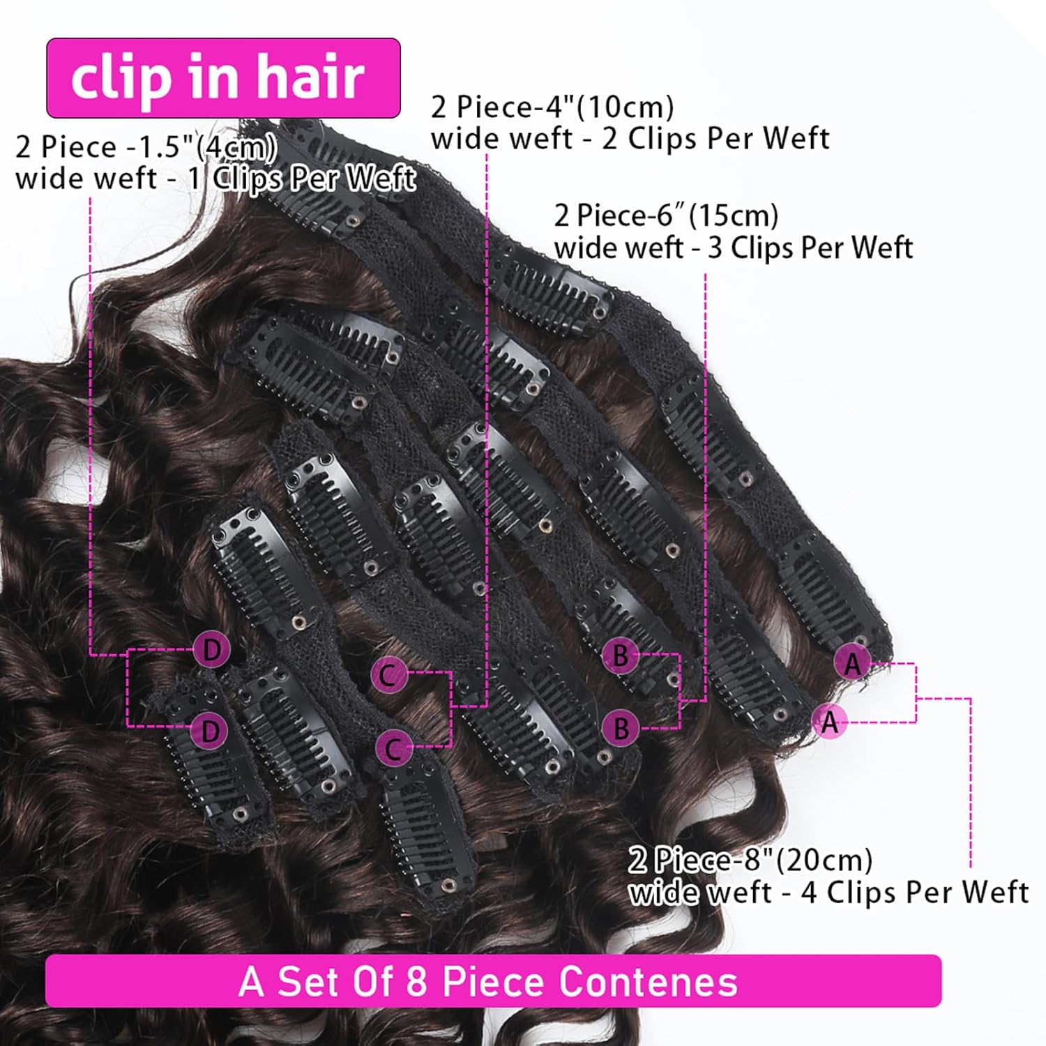 Deep Wave Clip Ins Hair Extensions 8pcs/set 100% Human Hair Dark Brown
