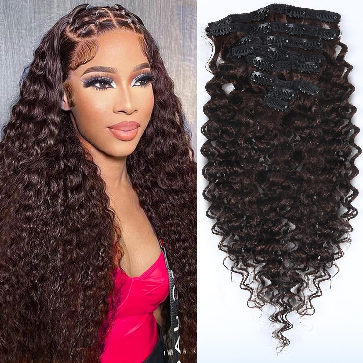 Deep Wave Clip Ins Hair Extensions 8pcs/set 100% Human Hair Dark Brown