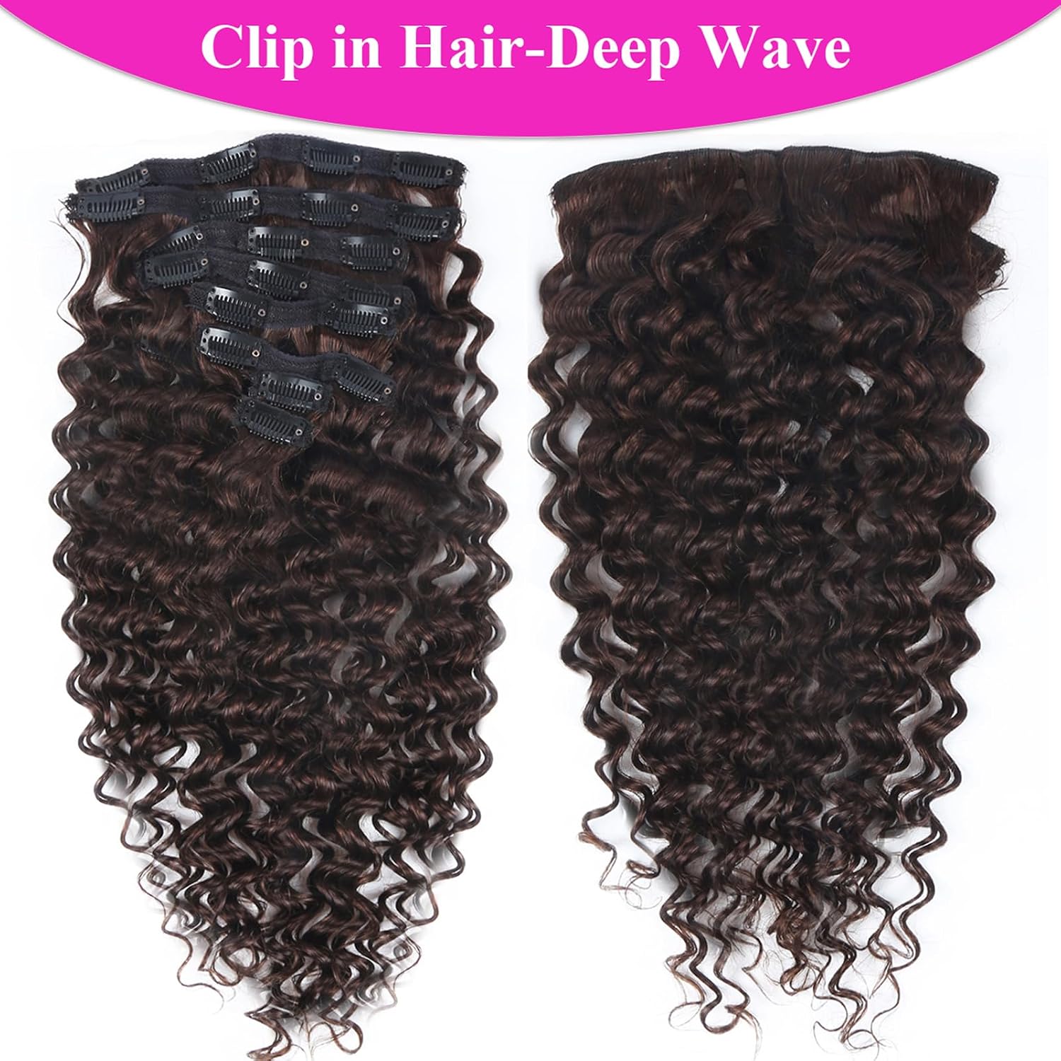 Deep Wave Clip Ins Hair Extensions 8pcs/set 100% Human Hair Dark Brown