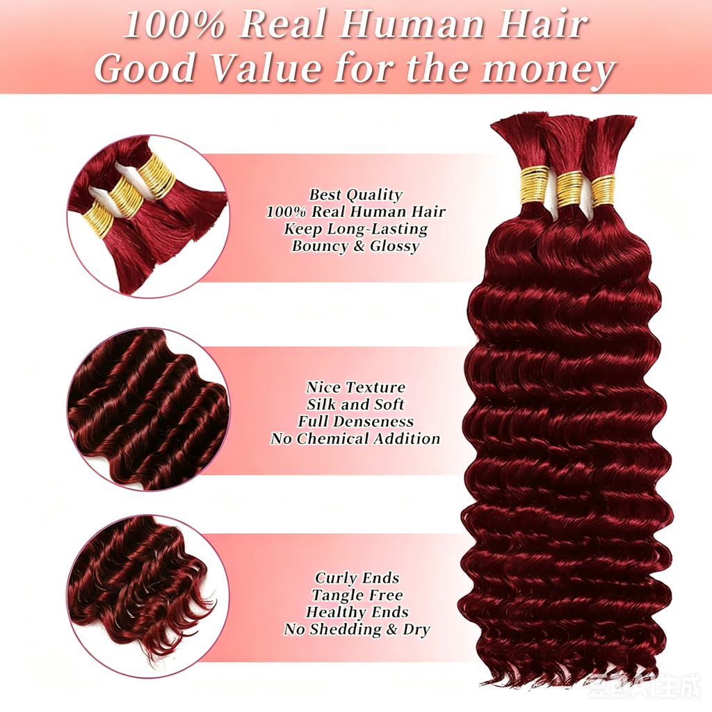 100% Human Boho Braiding Hair Deep Wave Bulk Boho Hair Burgundy