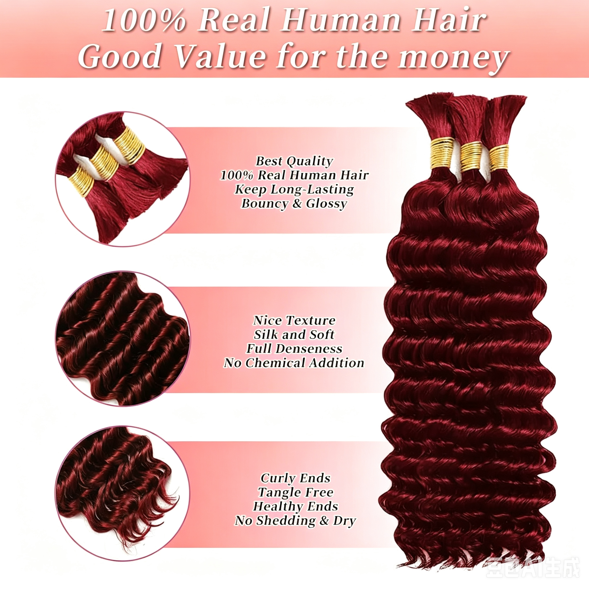 100% Human Boho Braiding Hair Deep Wave Bulk Boho Hair Burgundy